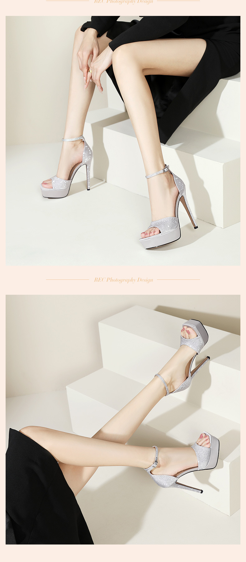 Giày cao gót nữ mũi nhọn gót siêu cao đế xuồng platform dáng catwalk — Màu Sâm panh chi tiết 11