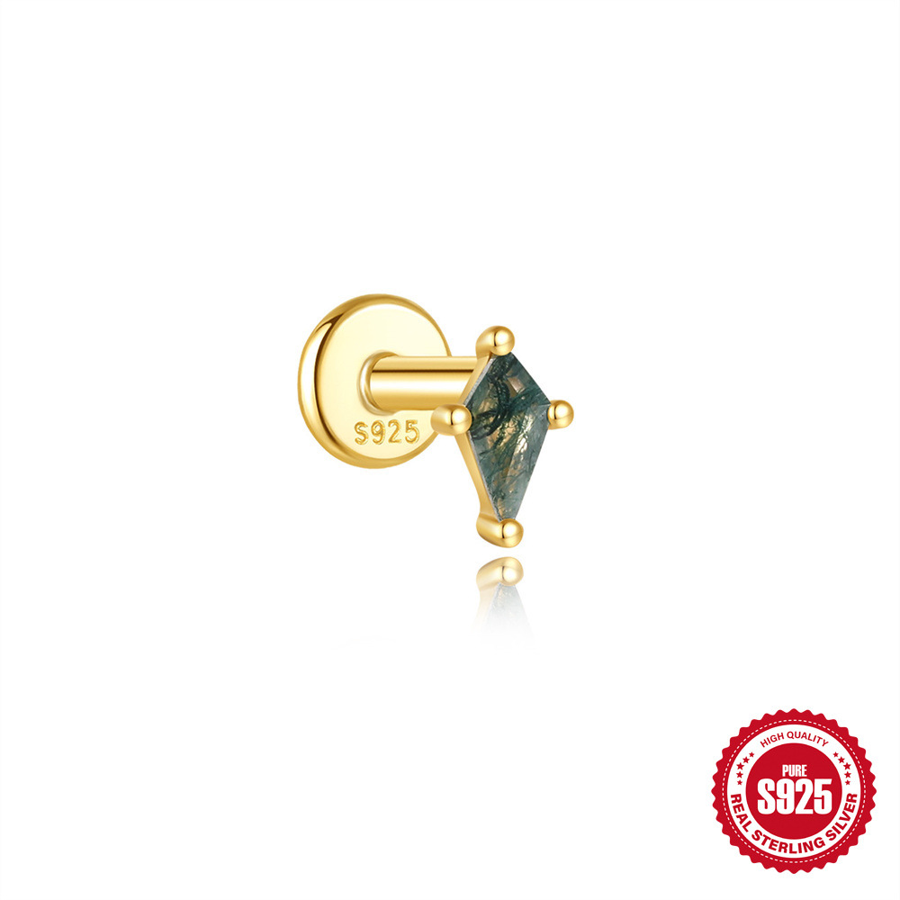 El nuevo s925 simple y moderno hierba de agua natural, uñas de hueso de oreja de ágata, personalidad de lujo ligera europea y americana, pendientes de piedra de musgo verde con incrustaciones