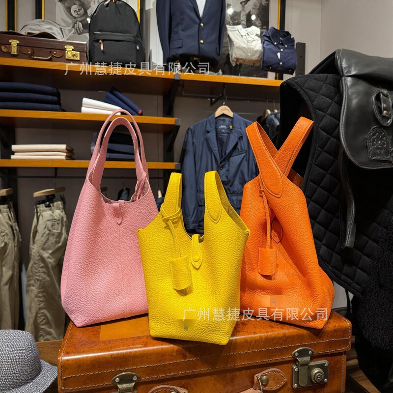 New Style Polo Basket Bucket Bag, First-Layer Cowhide Leather Handbag, Shoulder Bag, Crossbody Bag, Genuine Leather Yellow Women's Tote Bag