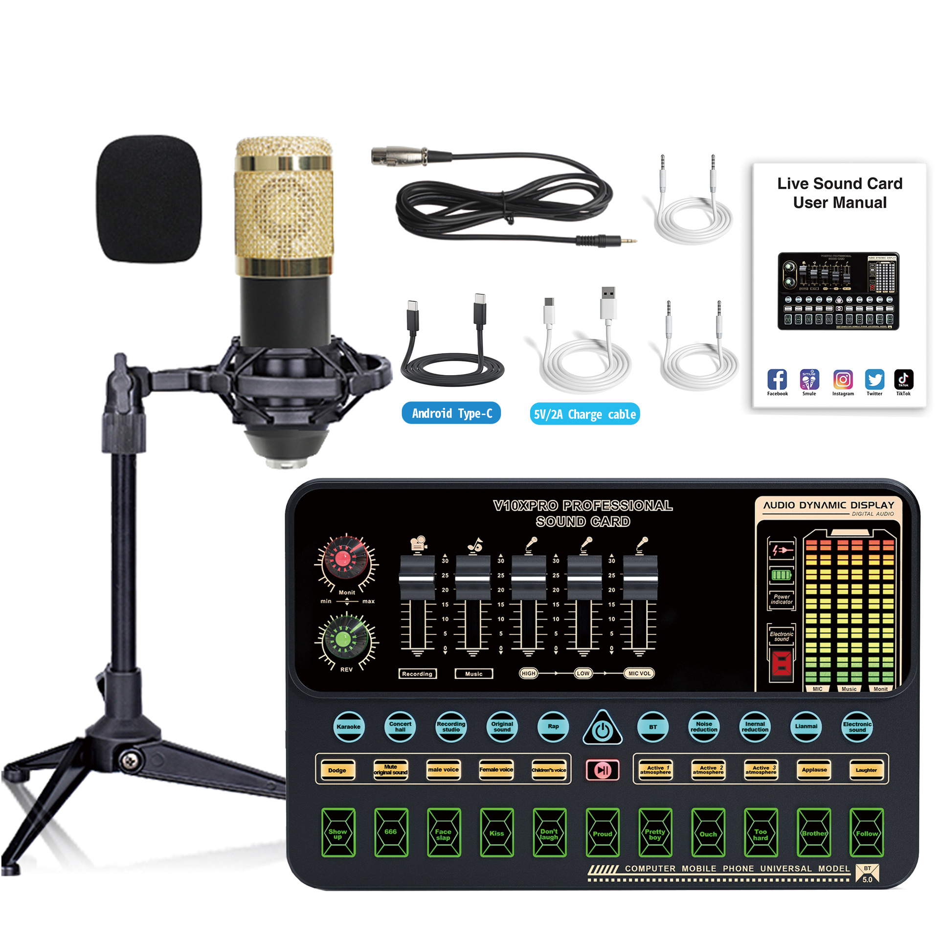 블랙 골드 BM800+V10XPRO 사운드 카드+삼각대+쇼크 마운트+마이크 케이블+TYPE-C 케이블 세트
