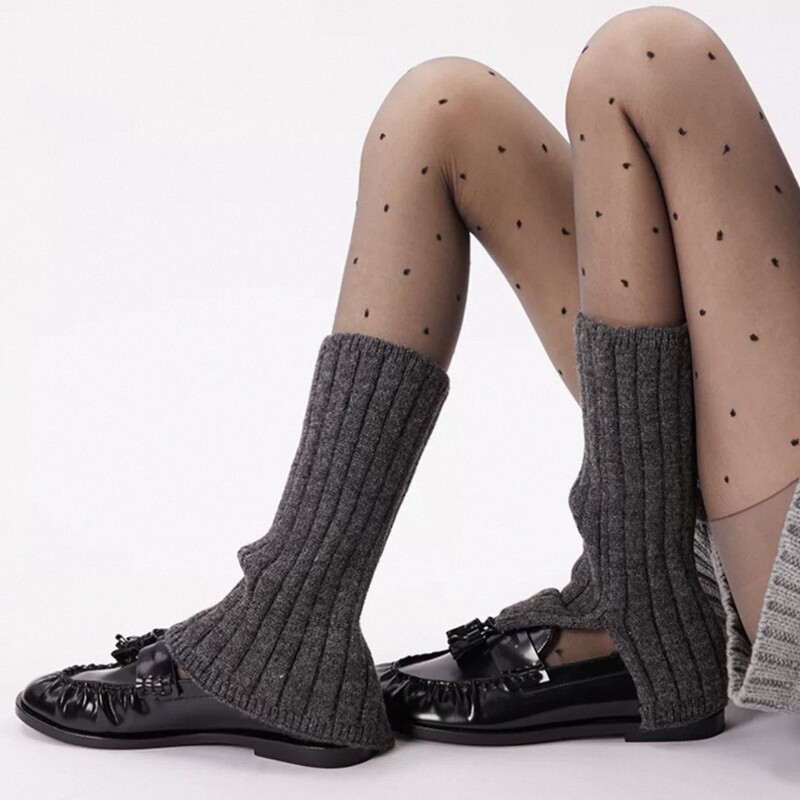 Gray Knitted Leg Warmers with Wide Slits, Winter Warm Calf Socks, Snow Boots Slouch Socks