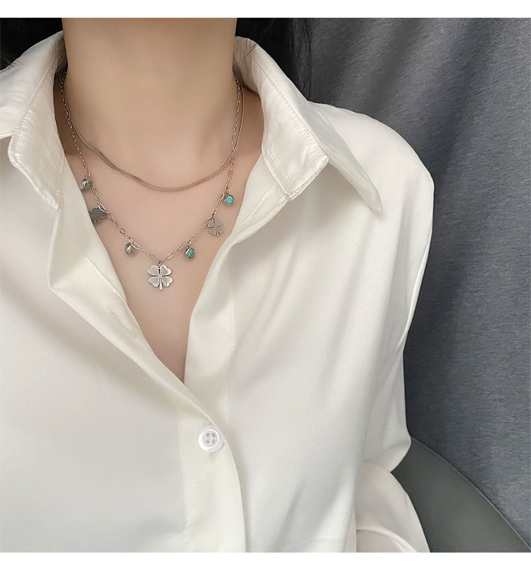 Fashion Four Leaf Clover Titanium Steel Plating Turquoise Necklaces_colorza_5