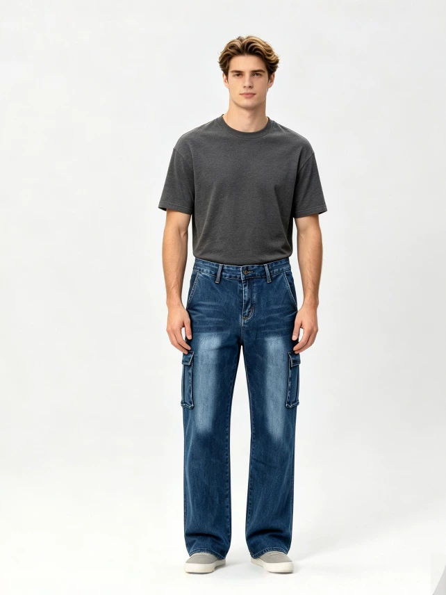 Jeans Rectos de Trabajo para Hombre en Mezclilla de Algodón Elásticos con Varios Bolsillos para Uso Casual