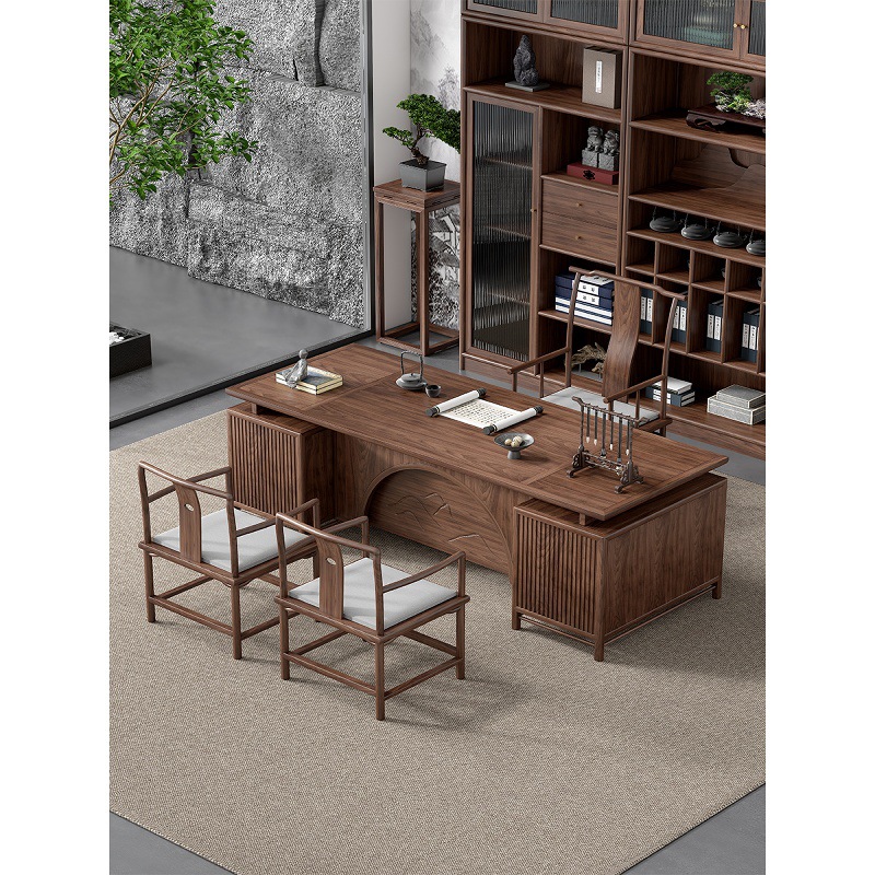 新中式办公桌实木老板桌总经理大班台办公室家具胡桃木书桌椅组合
