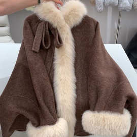 2025新款爆款咖色毛领披肩斗篷双面羊毛大衣女款冬季短款毛呢外套
