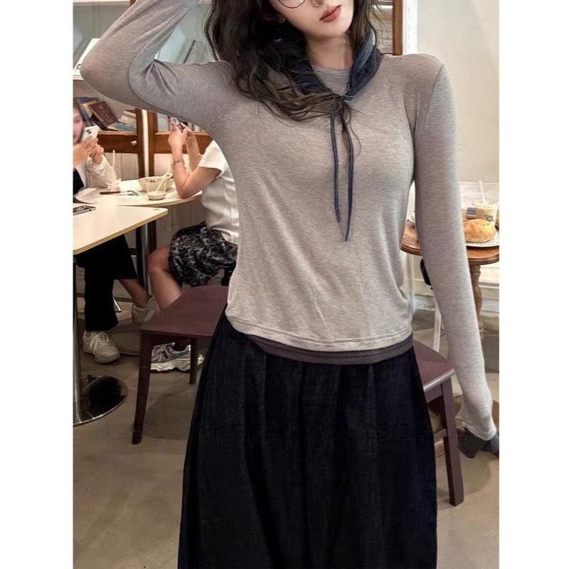 Zoeanymore Comfortable Merino Wool Base Layer Versatile Fake Two-Piece Long-Sleeved T-Shirt Top for Women