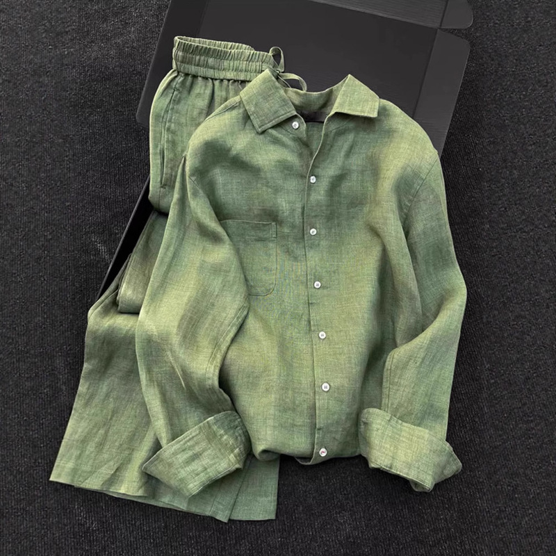 Unique and Beautiful Linen suit 2025 Spring New Women's High-end Green Cotton and Linen Shirt Wide Leg Pants Two-piece Set