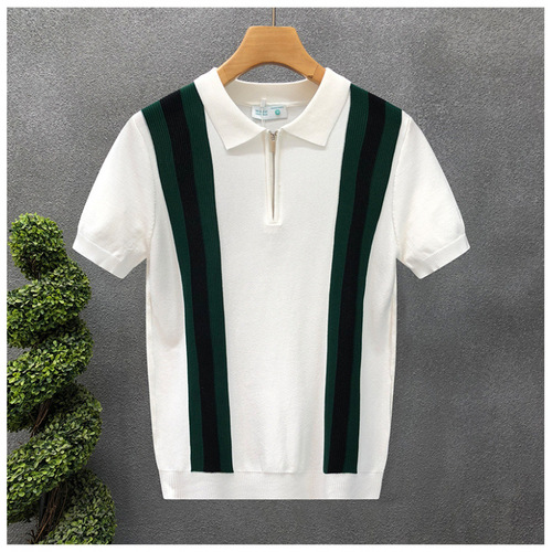 Summer Men's New Color-block Striped Knit Polo Shirt Cross-border American Gentleman Collar Short-sleeve Knit T-shirt