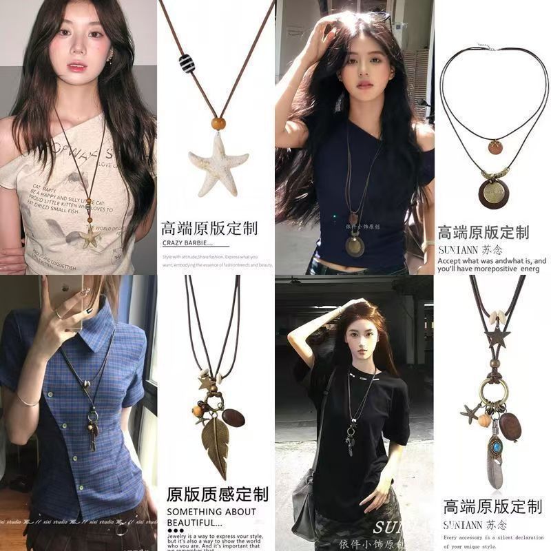 Korean Niche Design Bm Same Style Silver Leaf Necklace Women's Long Necklace Punk Retro Y2K Neck Jewelry Trend