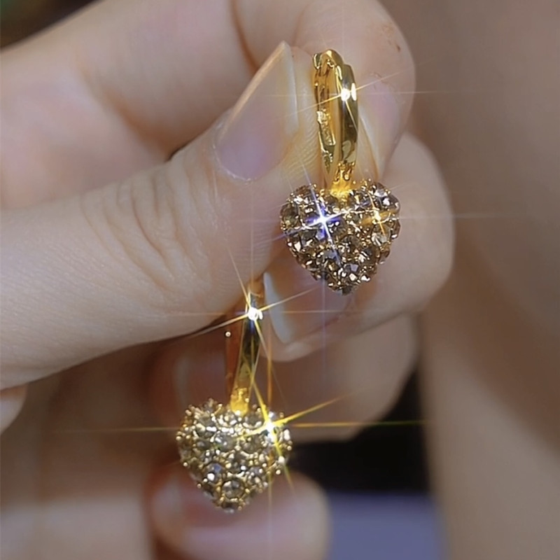 Maillard Coffee-Colored Full Diamond Heart Copper Earrings, Fashionable, Light Luxury, Niche, High-End, Exquisite and Popular Earrings