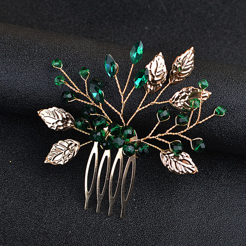 Cross-border Bestselling Alloy Water Drill Insert Comb Handmade Leaf Emerald Crystal Hair Accessories Ancient Chinese Costume Accessory Hair Comb