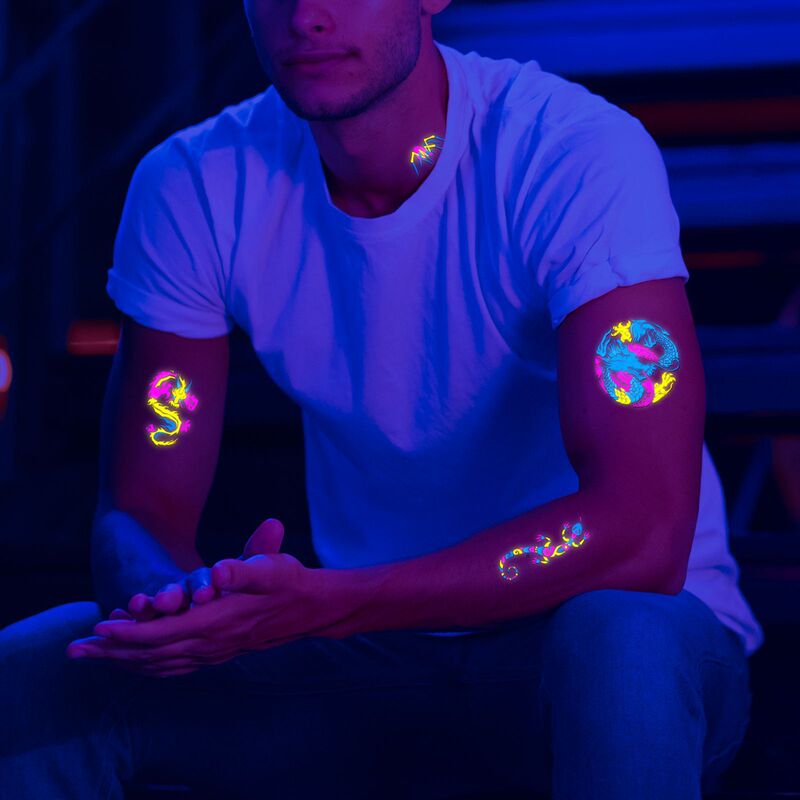 Hot-Selling New Cross-Border Nightclub Fluorescent Tattoo Stickers, Waterproof Dragon and Tiger Flower Feather Neon Glowing Tattoo Stickers