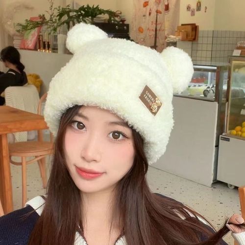 Earless Bear Warm Hat for Girls, Autumn and Winter Thicken Fleece Knitted Hat, Korean Version Cute Fashion Ear Protection Hat for Girls in Winter
