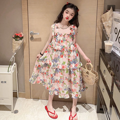 女童夏裝田園風甜美碎花裙2023新款中大童薄款拼接長裙吊帶連衣裙