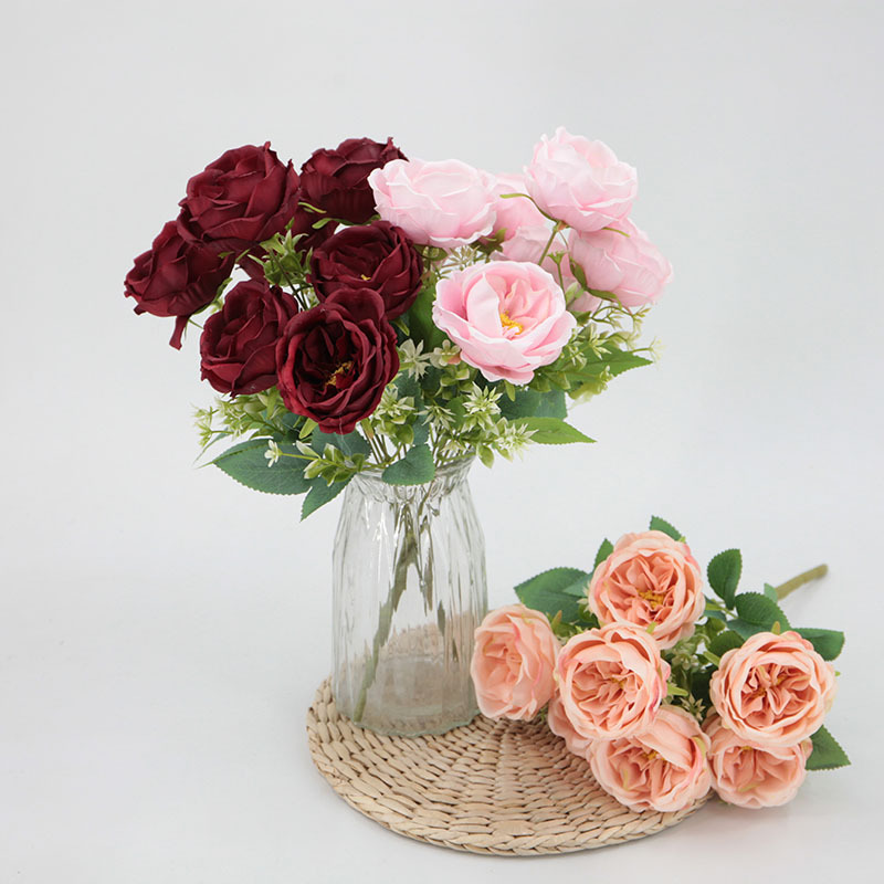 Ramo de rosas Austin de 7 cabezas, flores de peonía de seda al por mayor, decoración para bodas, decoración para el hogar, ramo de flores