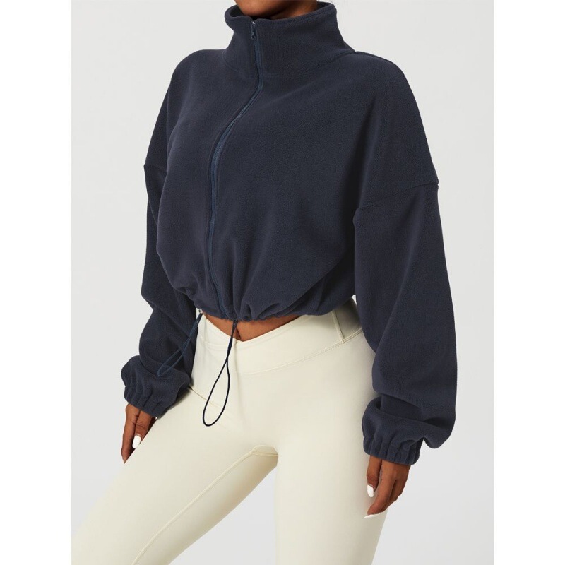 European and American women's thickened sports coat lambswool autumn and winter stand collar loose drawstring zipper sweater fashion hot girl Jian