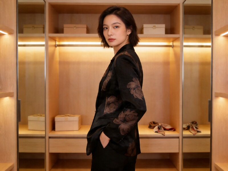 High-End Acetate Blazer for Women 2025 Autumn New Loose-Fitting Printed Satin Commuter Black Suit Jacket