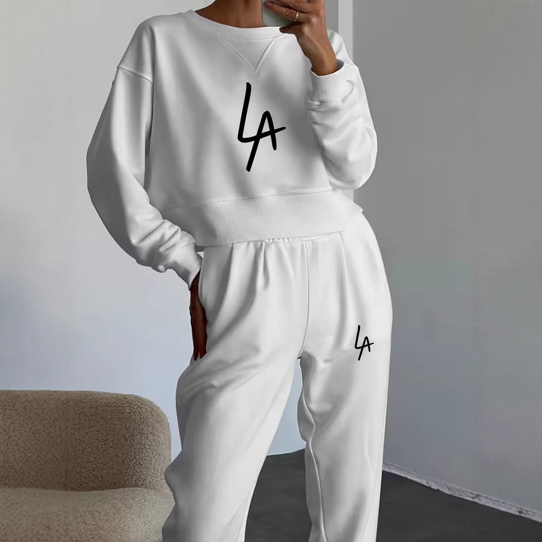 Women's Fleece Lined Two Piece Set Autumn Winter Casual Round Neck Trendy Print European American Style_voghion.com