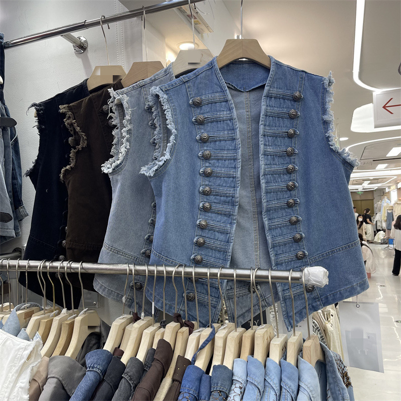 European and American Style Heavy-Duty Raw Edge Sleeveless Denim Vest for Women, Summer Vintage Punk Biker Style Sleeveless Outerwear Top European and American Style Heavy-Duty Raw Edge Sleeveless Denim Vest for Women, Summer Vintage Punk Biker Style Sleeveless Outerwear Top