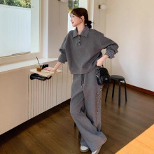 2025春季新款时尚套装女灰色条纹拼接卫衣搭配高腰休闲裤两件套装