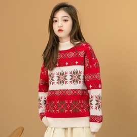 女童秋冬毛衣中大童复古红色新年针织上衣儿童洋气宽松雪花毛线衣