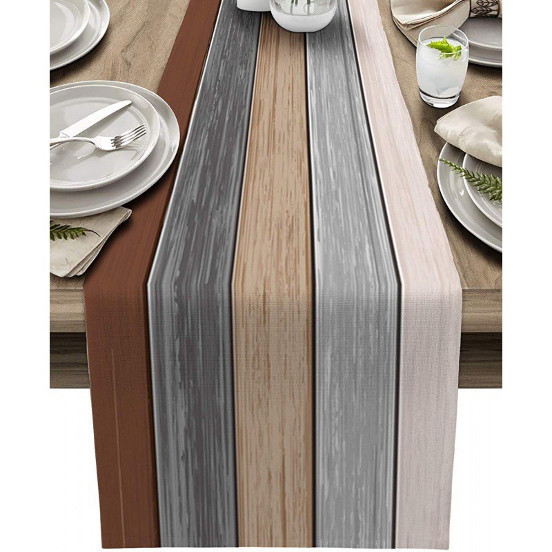 跨境新款木板纹条纹印花亚麻桌旗餐垫台布居家布艺餐桌布客厅装饰