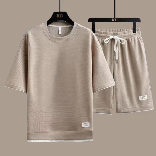 Exports sporty casual loose honeycomb short-sleeved set summer T-shirt + shorts Korean style cool couple set EU code