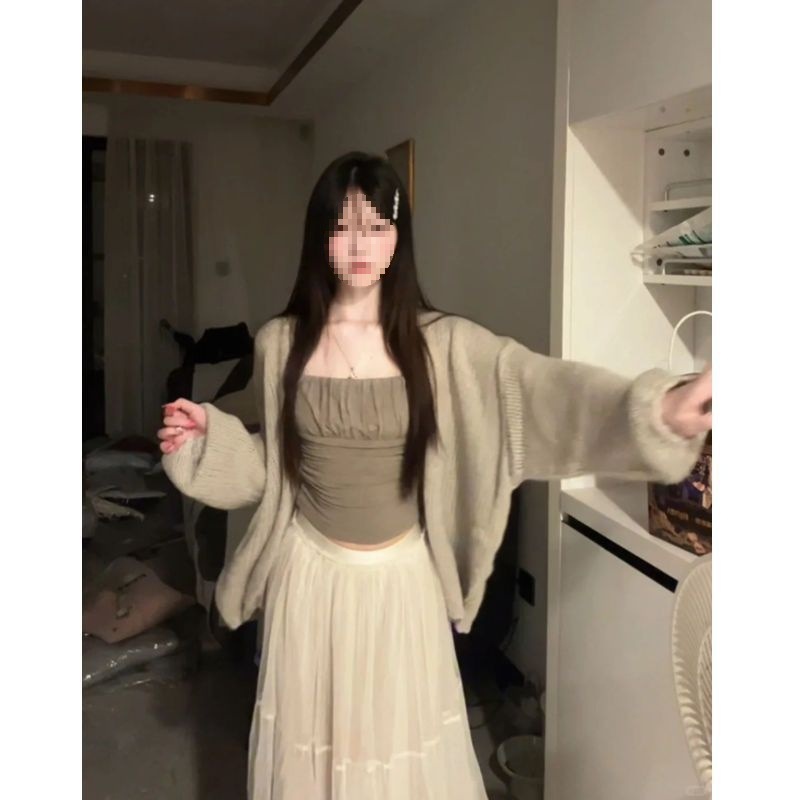 三件套女2025秋季新款温柔风慵懒宽松毛衣外套吊带背心高腰半身裙|undefined