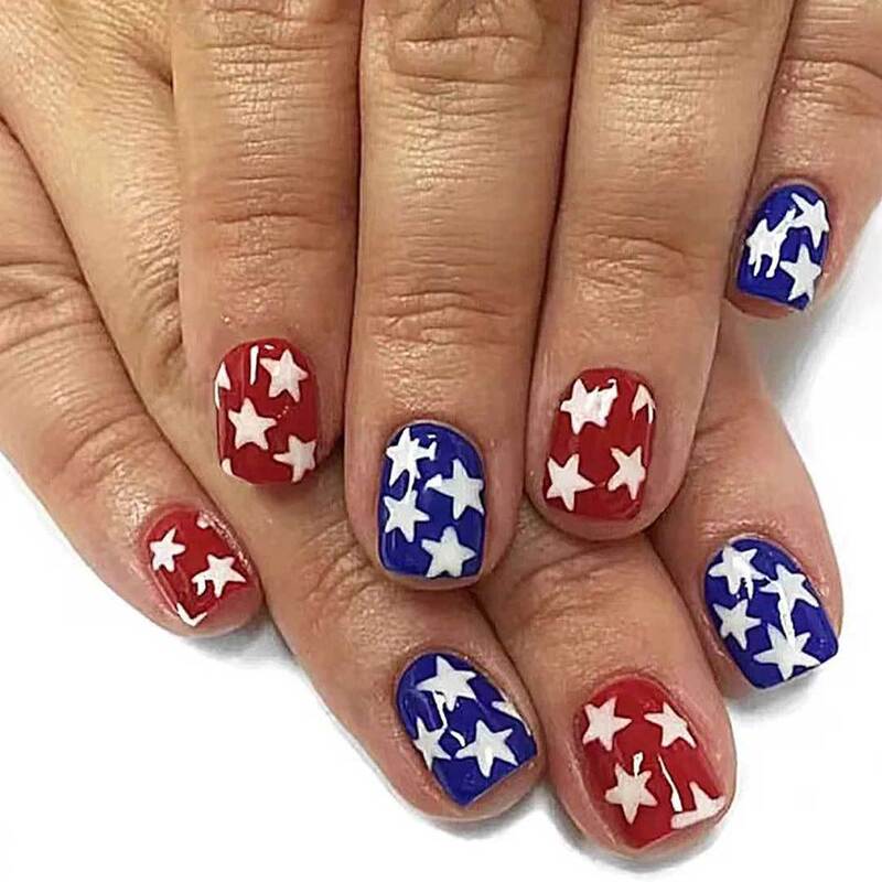 X-0826 Cross-Border Hot-Selling Independence Day Nail Art White Star Polka Dot Short Square Press-On Nails Finished Product Wholesale