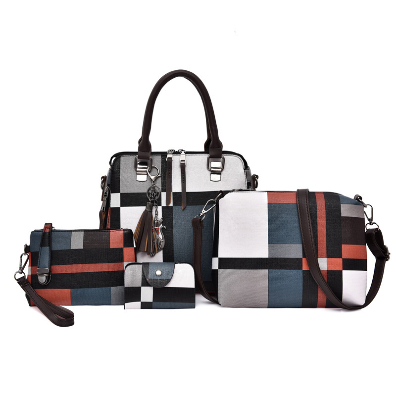 Patchwork Plaid Four-Piece Set of Mother-Daughter Bags for Women, 2026 New Model, Large Capacity Handbag Boston Bag, Crossbody Wallet Set Patchwork Plaid Four-Piece Set of Mother-Daughter Bags for Women, 2026 New Model, Large Capacity Handbag Boston Bag, Crossbody Wallet Set