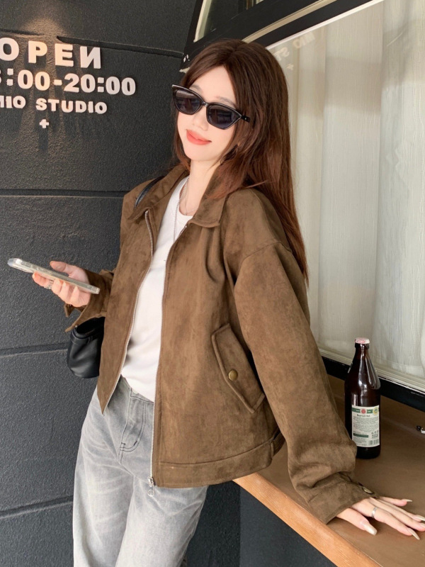 美拉德短款麂皮绒外套女春秋装美式复古慵懒chic又酷又飒皮衣夹克|undefined