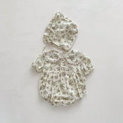 Baby Floral Pajama Set Summer Korean Style Children's Clothing Girl Baby Doll Collar Short Sleeve Princess Coverall Outwear with Hat