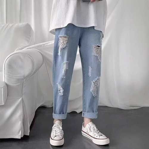 Summer and Autumn Men's Fashion Brand Jeans, Men's Korean Style Casual Personalized Frayed Trend 9/10 Jeans