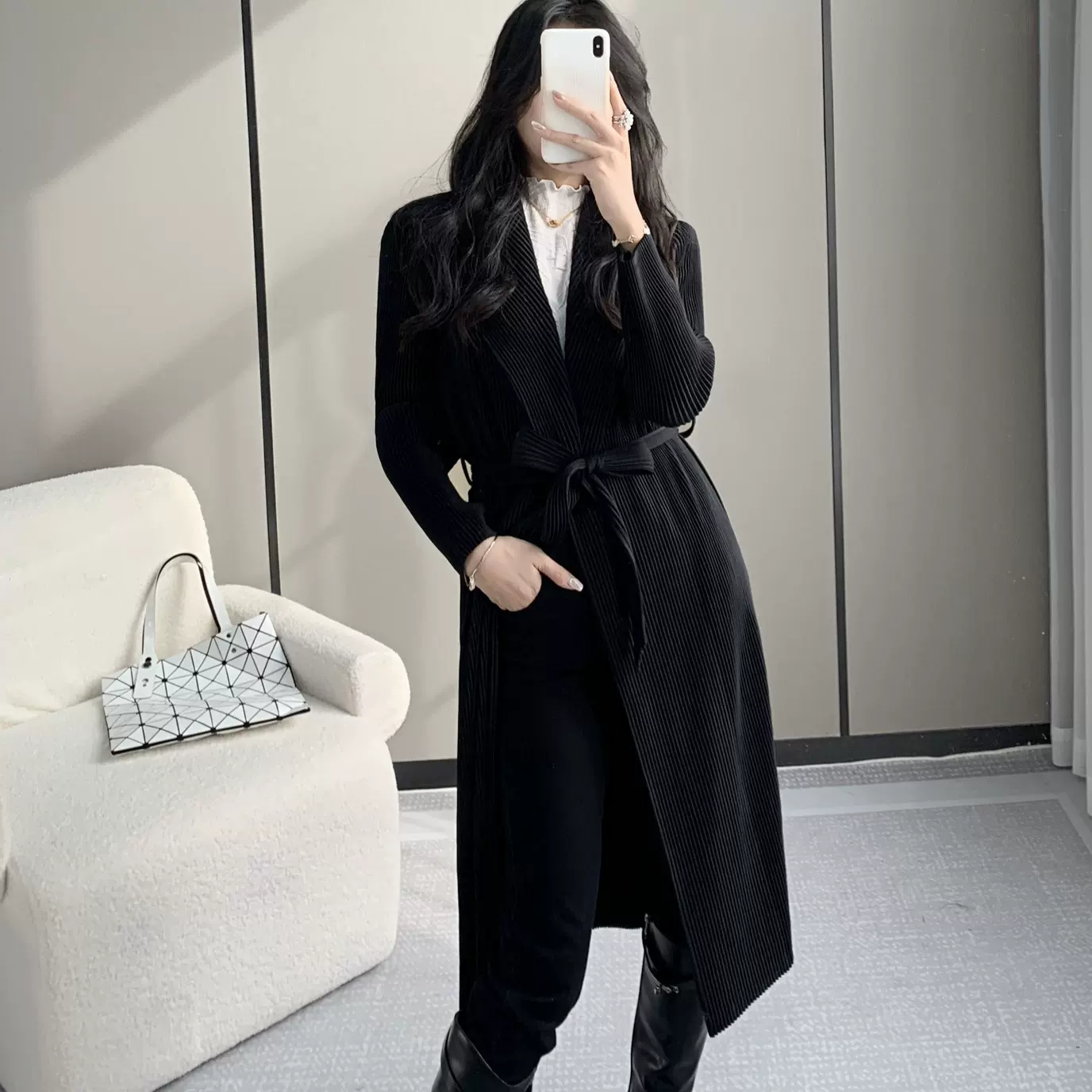 三宅肌理褶皱风衣秋季女长款高级感跨境外贸女装百搭黑色外套女士