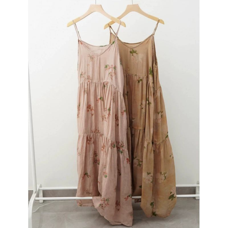 2025 новая летняя нежная хлопчатобумажная льна национальный ветер цветочный подтяжка с V-образным вырезом платье для торта