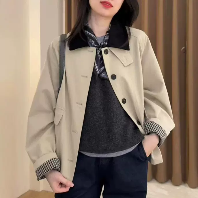 韩系短款风衣女2025秋季新款韩版休闲宽松翻领小个子卡其色外套女