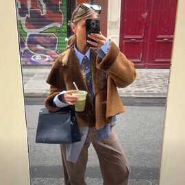 秋冬复古小个子时尚短款外套女装翻领宽松廓形欧美风棕色休闲夹克