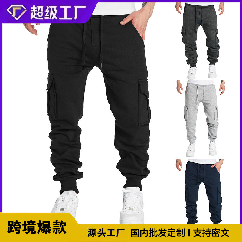 In-Stock Cross-Border Foreign Trade Fleece Men's Casual Cargo Pants Multi-Pocket Pants Cross-Border Plus-Size Sports Casual Long Pants