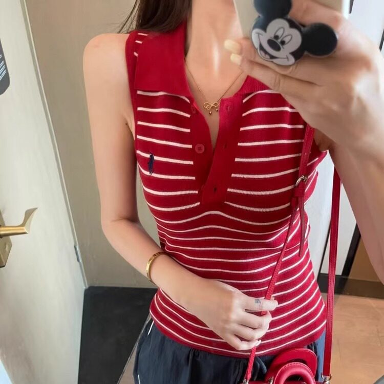 High street fashion polo collar knitted vest for women, new summer style, elegant and simple versatile top