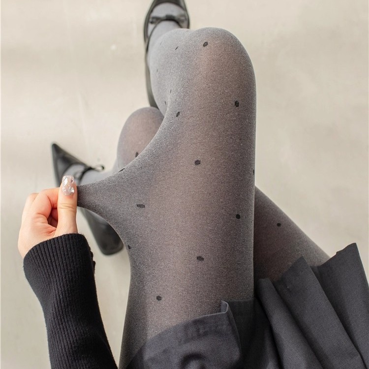 Autumn and Winter New High-End Dark Gray Polka Dot Leggings, Retro Versatile Heart-Patterned Tights, Warm Base Pantyhose