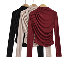 A893-24秋季新款  欧美风高领褶皱长袖纯色修身短款秋冬打底衫T恤