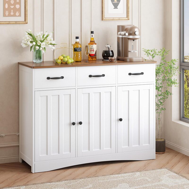 Factory hot-selling sideboard with 3 drawers and barn door, wooden coffee bar cabinet, adjustable shelves Factory hot-selling sideboard with 3 drawers and barn door, wooden coffee bar cabinet, adjustable shelves