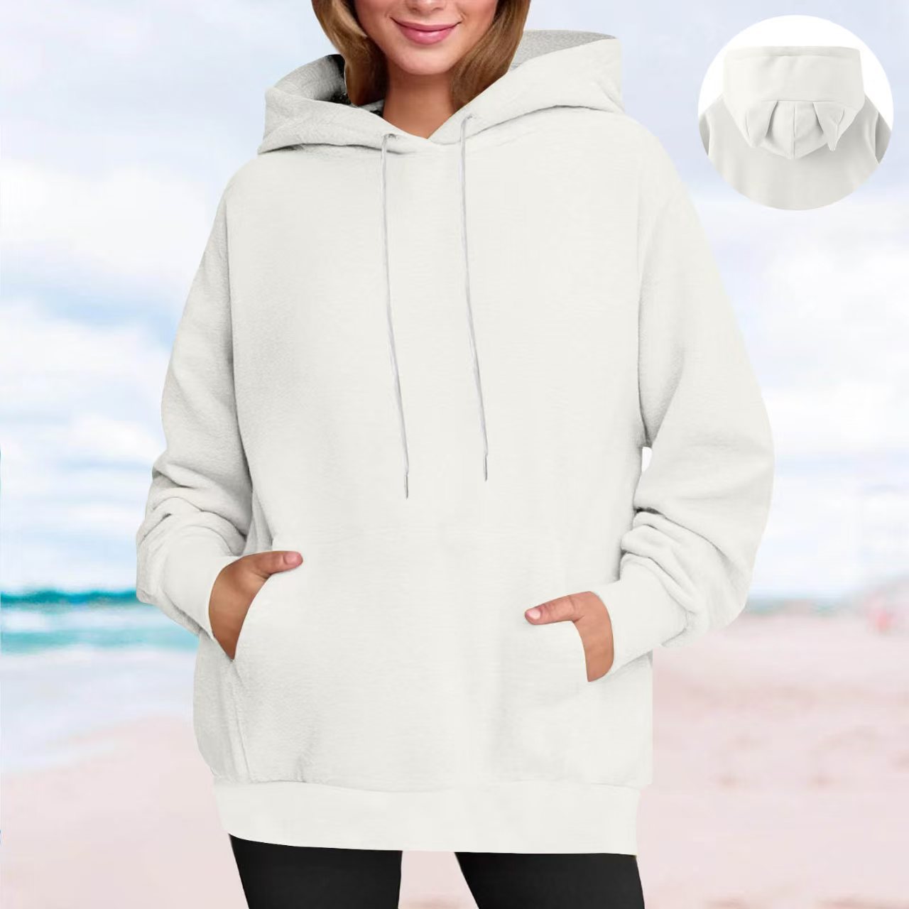 2025亚马逊新款长袖卫衣女士猫耳朵设计连帽抓绒卫衣帽衫