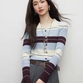 撞色条纹针织开衫女2026春季新款法式优雅翻领显瘦上衣