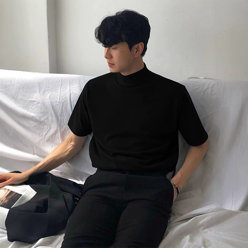 한국 스타일 트렌디 브랜드 하프 하이 칼라 티셔츠 남성용 반팔 단색 트렌디 올 매치 루즈 미드 칼라 탑 여름 스탠드 칼라 티셔츠