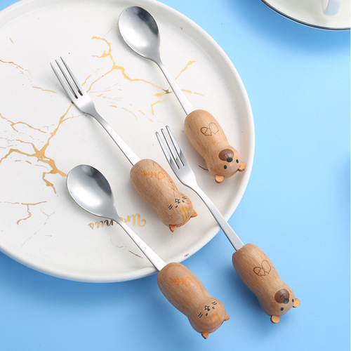 Cartoon stainless steel spoon and fork, cute ins style wooden handle Korean style red panda coffee dessert spoon and fork