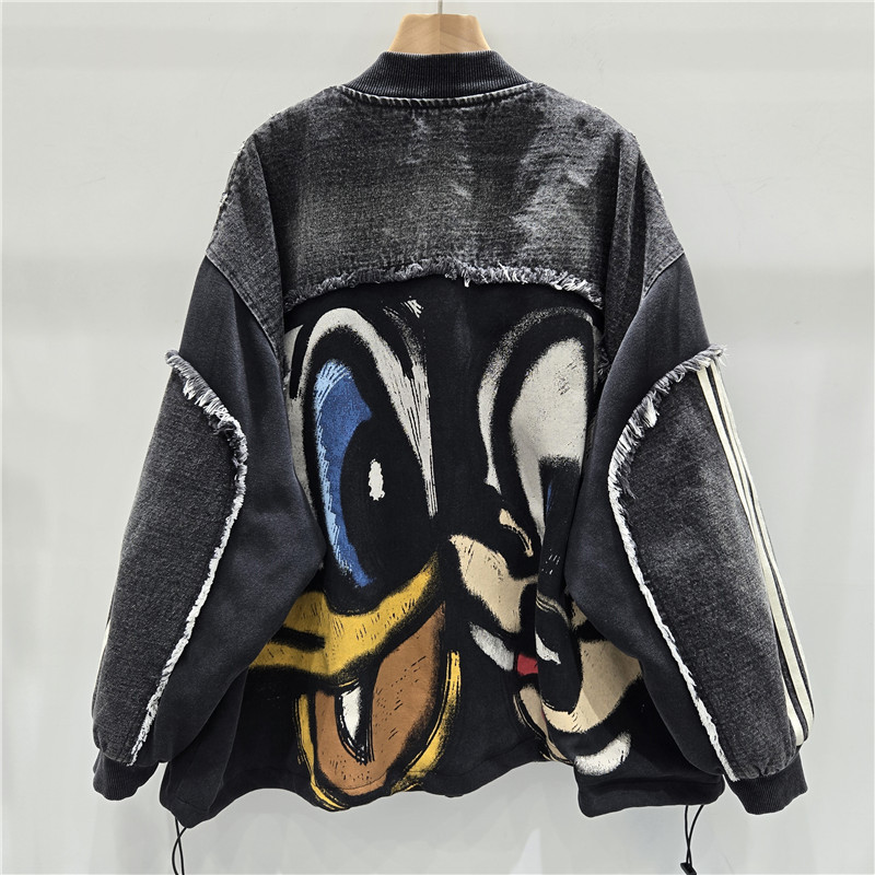 Chaqueta de vaquero de marca de moda, chaqueta de béisbol de algodón de hip hop impresa de dibujos animados de estilo pesado suelta. image 2