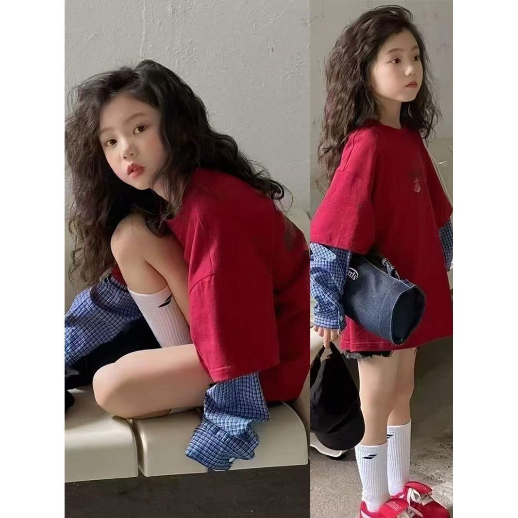 女童卫衣春秋新款儿童春装红色假两件衣服女大童网红炸街上衣