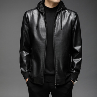 Leather Men's 2023 Fall/Winter New Men's Hooded PU Leather Jacket Jacket Men's Casual Leather fleece-lined Leather Jacket
