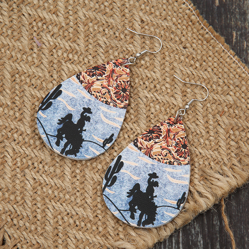 retro imitation wood carving sunflower flower leather double-sided leather earrings